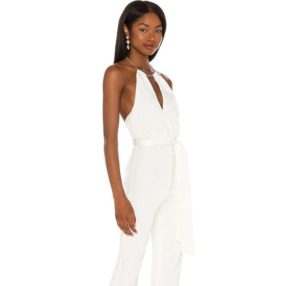 NBD Revolve Maika Jumpsuit Ivory Silver Tone Halter Neck Chain Size Small NWT - Picture 2 of 10